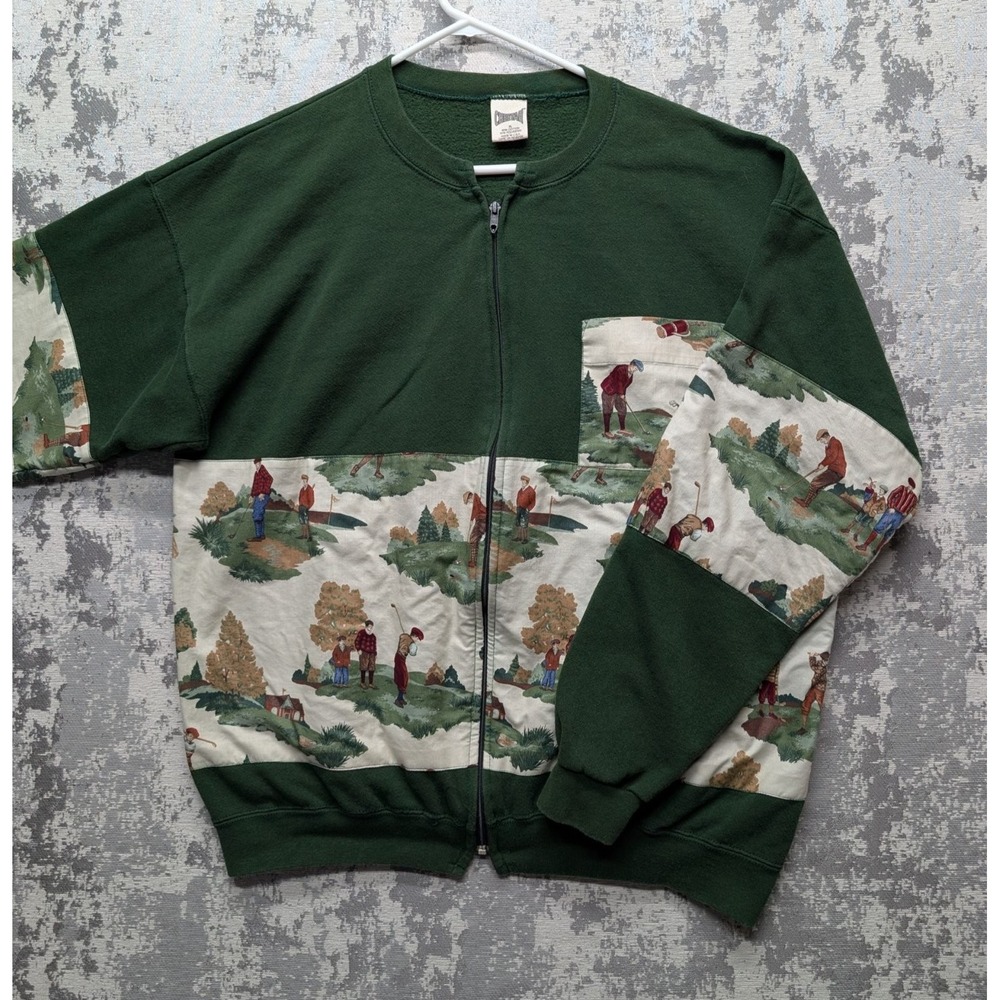 VTG Cheetah Up-cycled Men's XL Sweater Green Cotton Polyester Golf‎ Print Zip